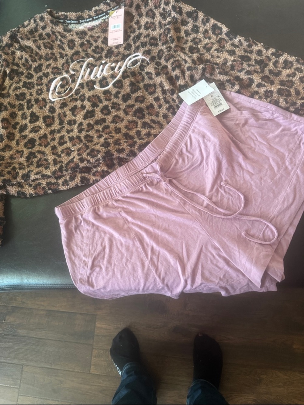 Juicy Couture Leopard Fuzzy Long-Sleeve Top with Light Pink Drawstring Shorts